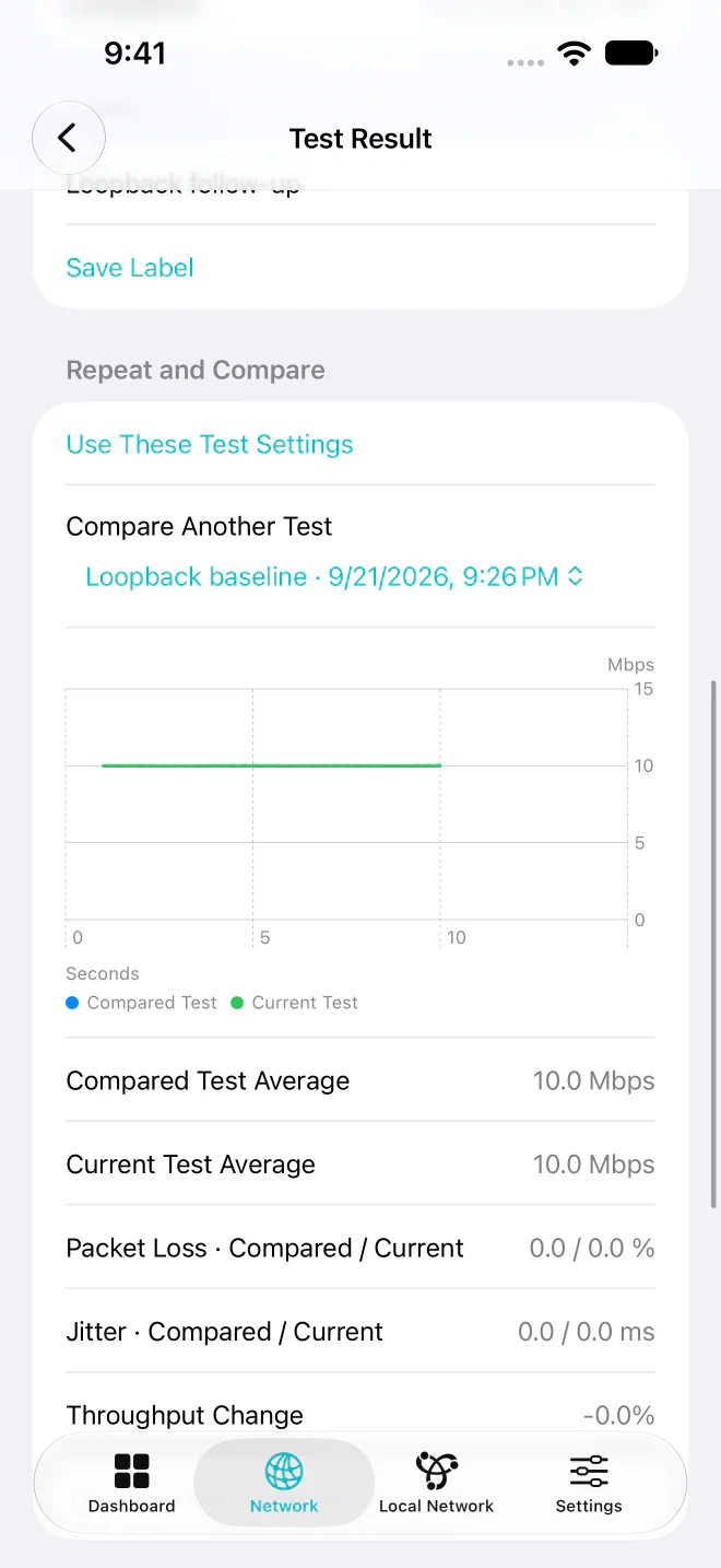 Syscope Pro 比較兩次已儲存的本機 iPerf3 測試。